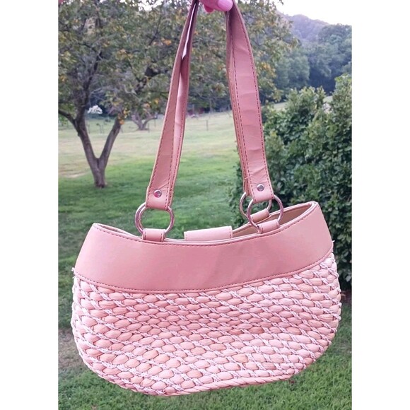 VTG Woven Natural Straw Handbag Wood Beaded Floral Summer Double Handle Bag Avon - Picture 4 of 7